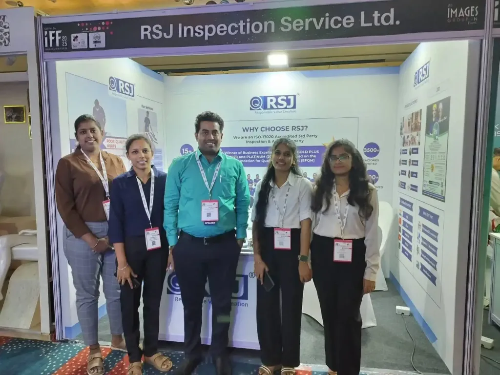 RSJ Inspection team showcasing quality control, factory audits, and sustainability solutions at India Fashion Forum 2025 in Bangalore, India.
