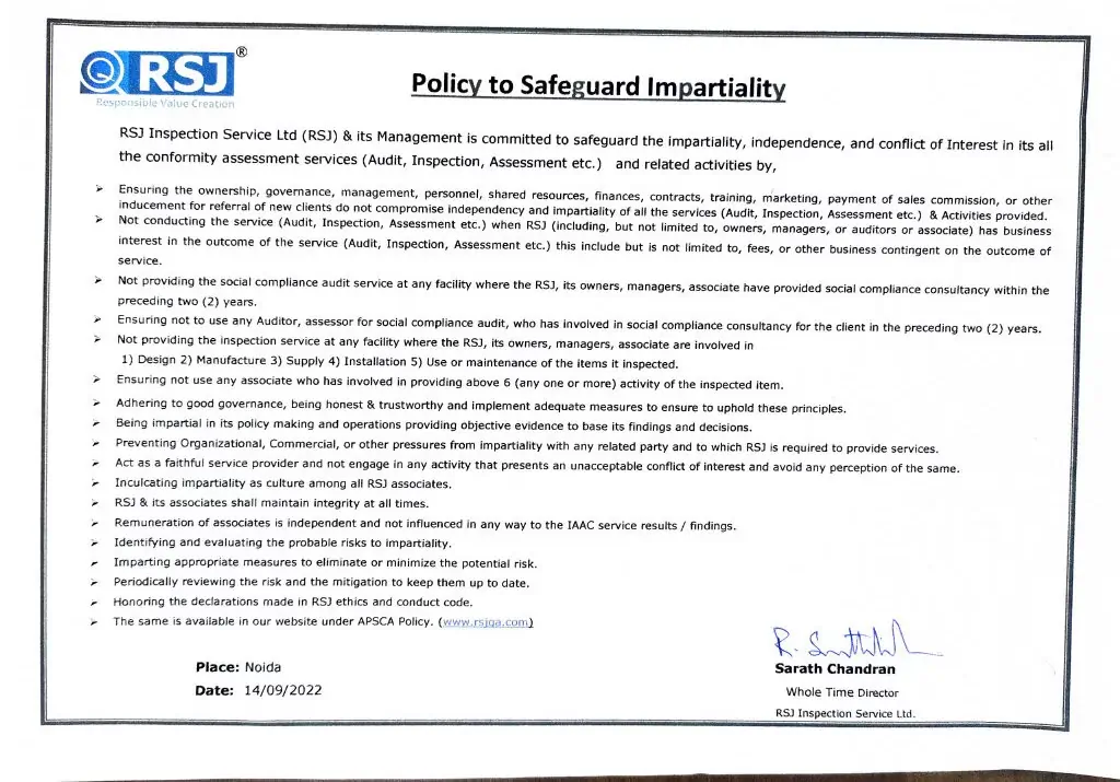 policy to safeguard impartiality